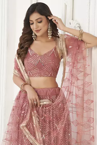 Stunning Dusty Pink Thread Work Net Wedding Wear Lehenga Choli