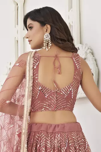 Stunning Dusty Pink Thread Work Net Wedding Wear Lehenga Choli