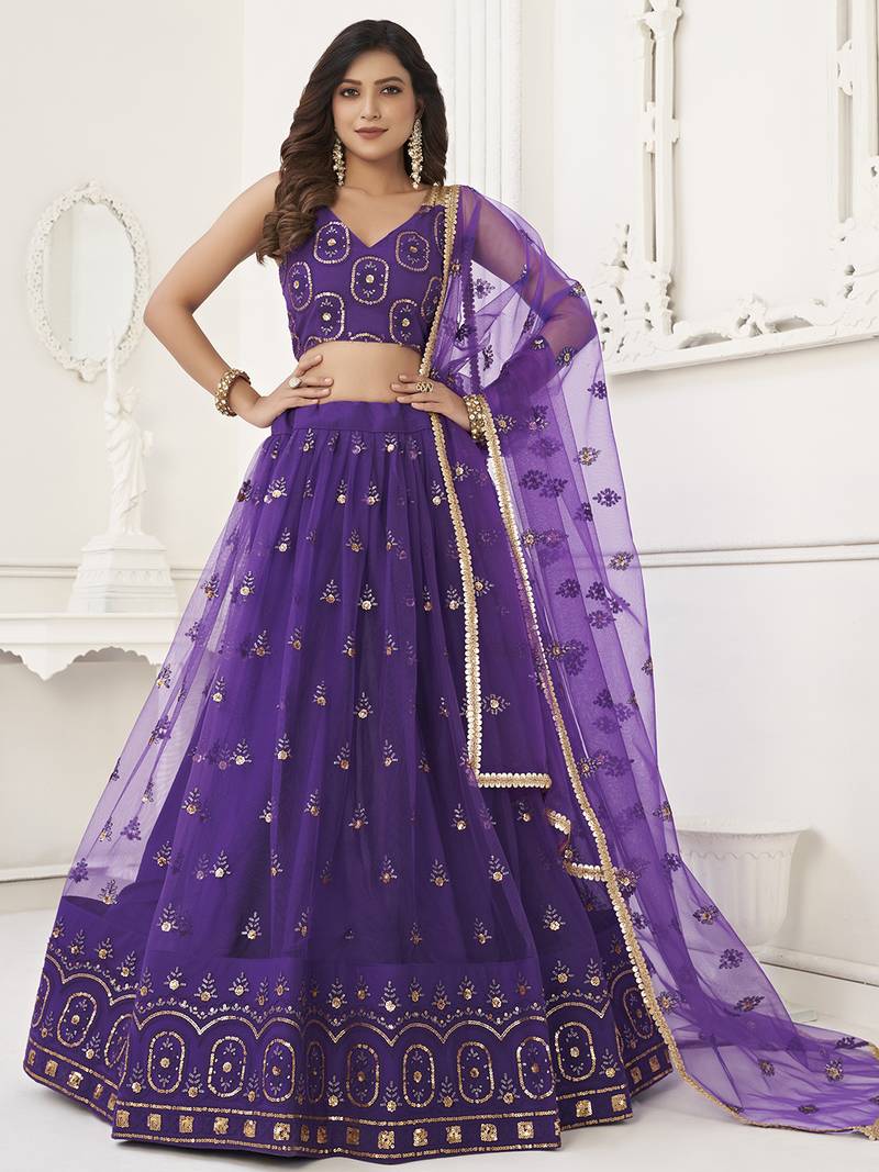 Pretty Purple Sequins Butterfly Net Party Wear Lehenga Choli
