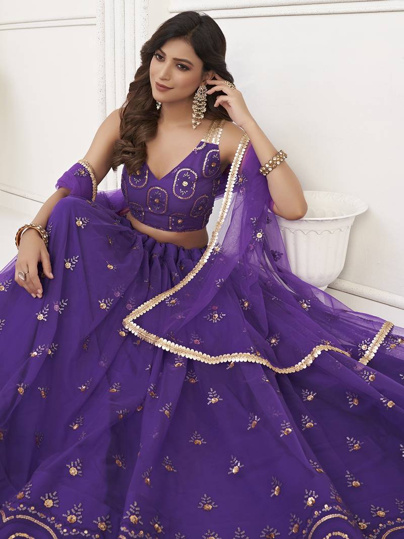 Pretty Purple Sequins Butterfly Net Party Wear Lehenga Choli