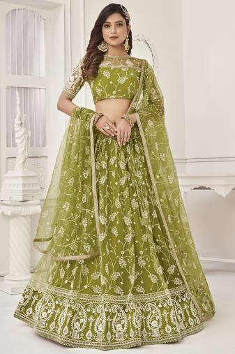 Lovely Olive Green Embroidered Net Mhendi Wear Lehenga Choli