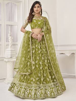 Lovely Olive Green Embroidered Net Mhendi Wear Lehenga Choli 1