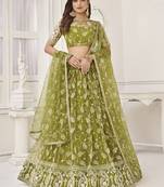 Lovely Olive Green Embroidered Net Mhendi Wear Lehenga Choli