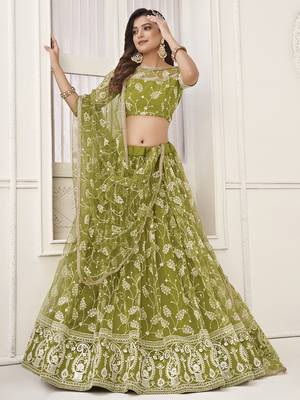 Lovely Olive Green Embroidered Net Mhendi Wear Lehenga Choli 2