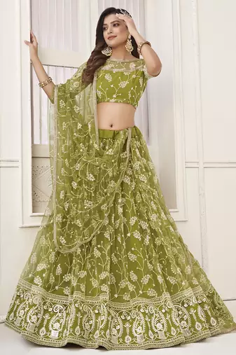 Lovely Olive Green Embroidered Net Mhendi Wear Lehenga Choli