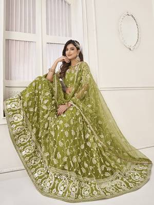 Lovely Olive Green Embroidered Net Mhendi Wear Lehenga Choli 3