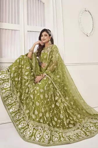 Lovely Olive Green Embroidered Net Mhendi Wear Lehenga Choli