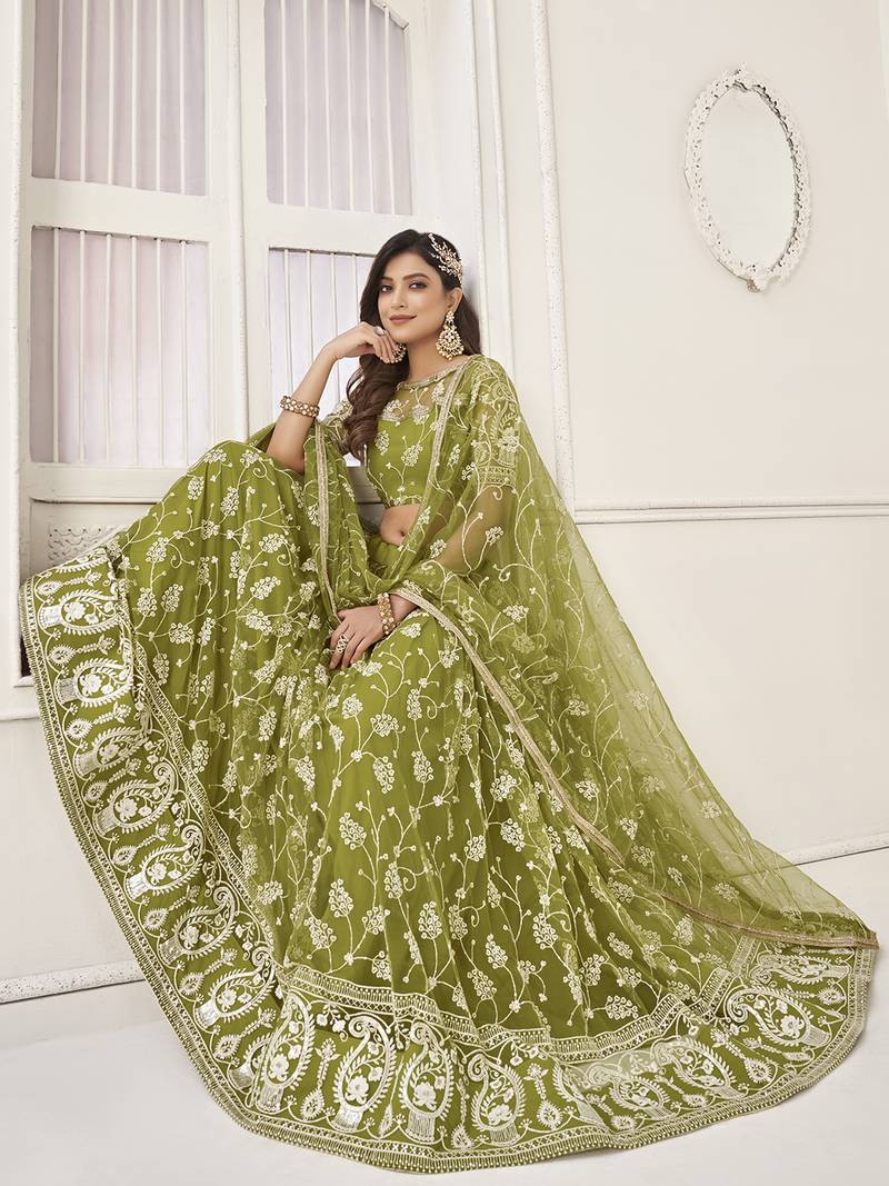 Lovely Olive Green Embroidered Net Mhendi Wear Lehenga Choli