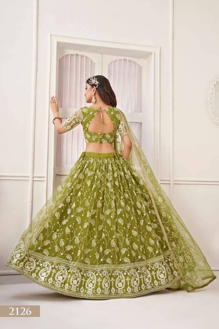 Lovely Olive Green Embroidered Net Mhendi Wear Lehenga Choli