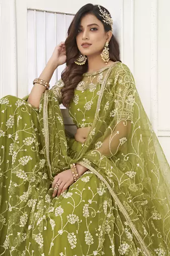 Lovely Olive Green Embroidered Net Mhendi Wear Lehenga Choli