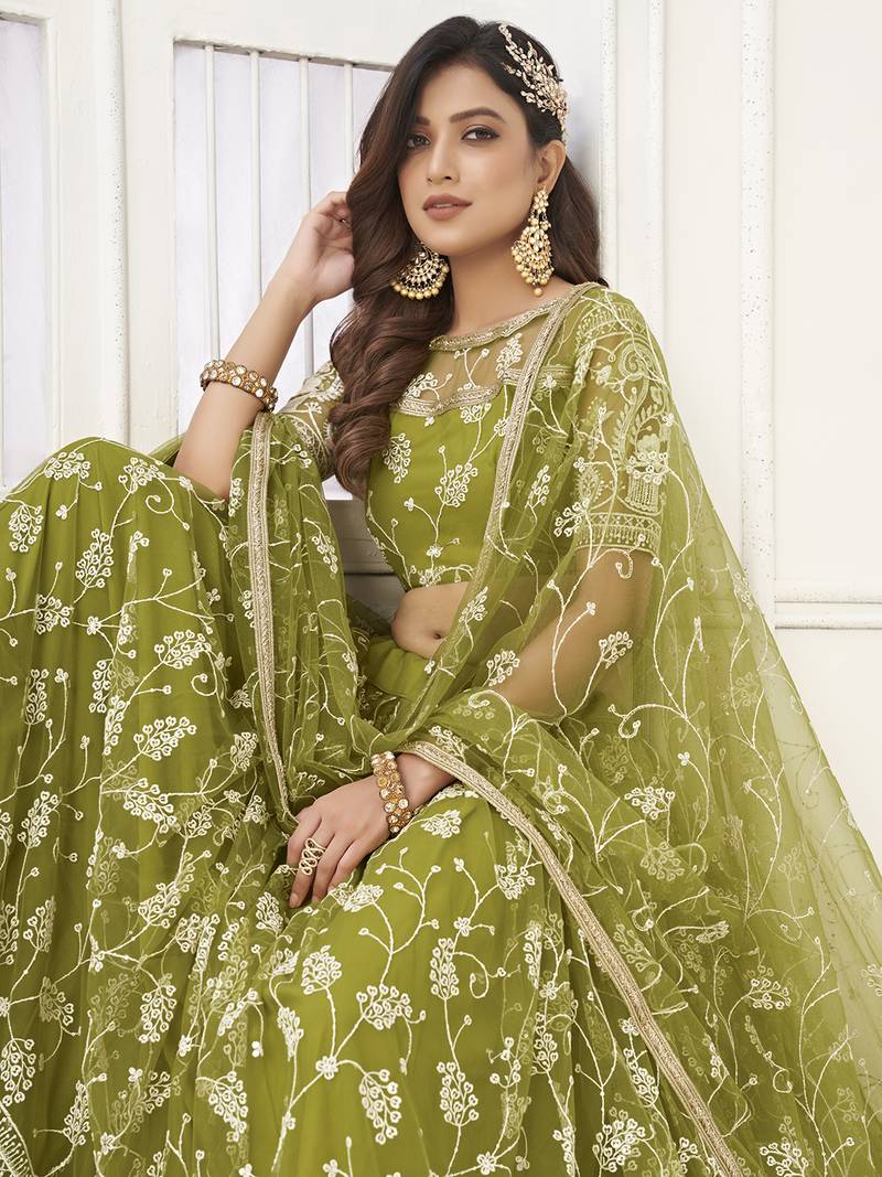 Lovely Olive Green Embroidered Net Mhendi Wear Lehenga Choli