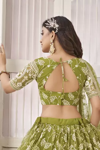 Lovely Olive Green Embroidered Net Mhendi Wear Lehenga Choli