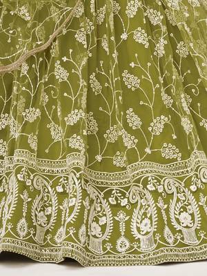 Lovely Olive Green Embroidered Net Mhendi Wear Lehenga Choli 7