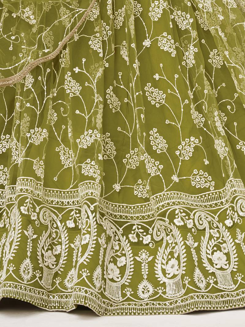 Lovely Olive Green Embroidered Net Mhendi Wear Lehenga Choli