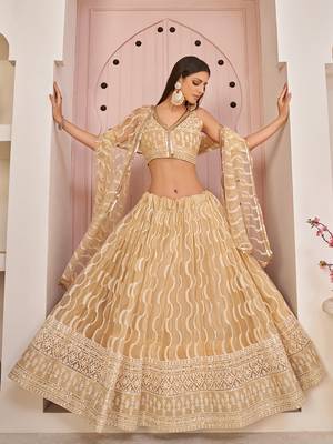 beige thread embroidered butterfly net lehenga set choli with dupatta 2