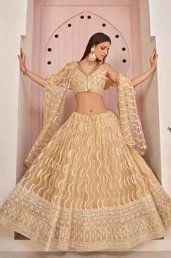beige thread embroidered butterfly net lehenga set choli with dupatta
