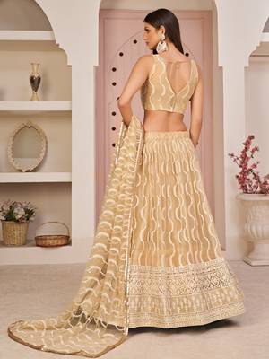 beige thread embroidered butterfly net lehenga set choli with dupatta 3