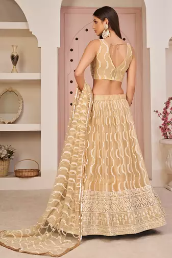 beige thread embroidered butterfly net lehenga set choli with dupatta
