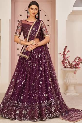 Excellent Wine Sequins Net Designer Lehenga Choli With Dupatta