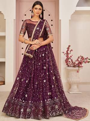 Excellent Wine Sequins Net Designer Lehenga Choli With Dupatta 1