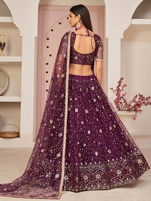 Excellent Wine Sequins Net Designer Lehenga Choli With Dupatta 2