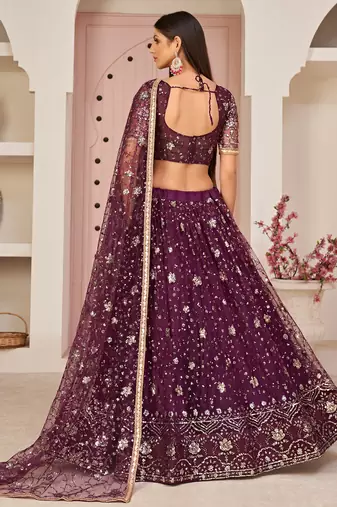 Excellent Wine Sequins Net Designer Lehenga Choli With Dupatta