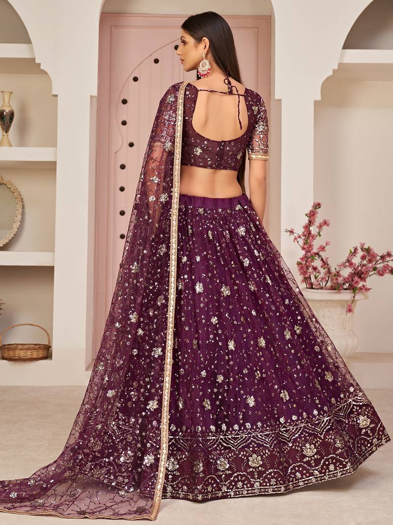 Excellent Wine Sequins Net Designer Lehenga Choli With Dupatta