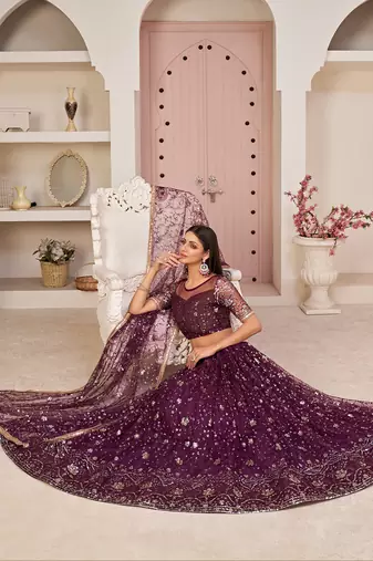 Excellent Wine Sequins Net Designer Lehenga Choli With Dupatta