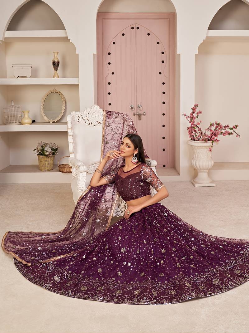 Excellent Wine Sequins Net Designer Lehenga Choli With Dupatta