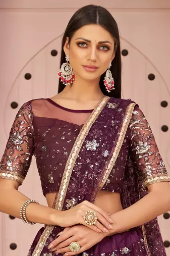 Excellent Wine Sequins Net Designer Lehenga Choli With Dupatta