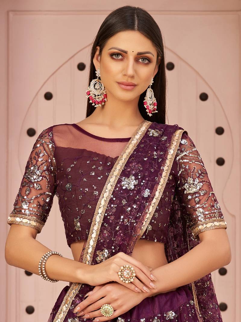 Excellent Wine Sequins Net Designer Lehenga Choli With Dupatta