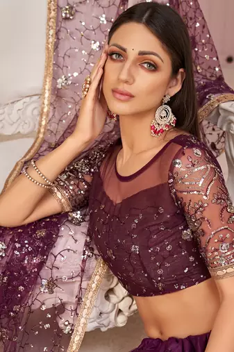 Excellent Wine Sequins Net Designer Lehenga Choli With Dupatta