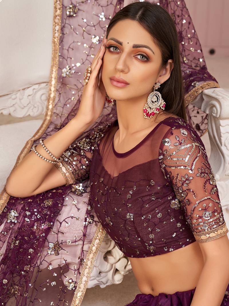 Excellent Wine Sequins Net Designer Lehenga Choli With Dupatta