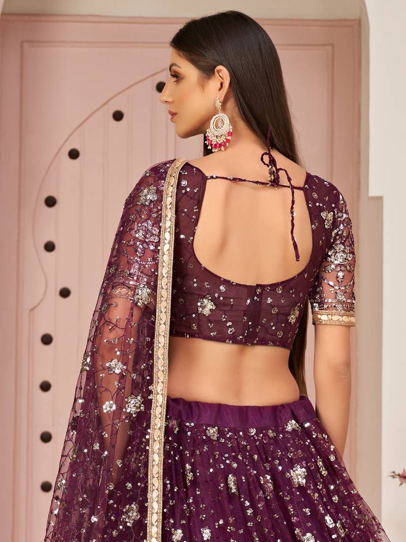 Excellent Wine Sequins Net Designer Lehenga Choli With Dupatta