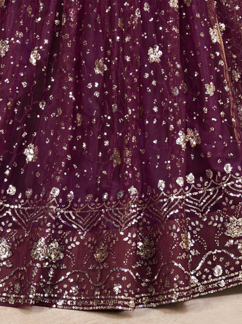 Excellent Wine Sequins Net Designer Lehenga Choli With Dupatta