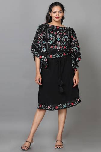 Black half sleeve rayon embroidered kaftan midi dress