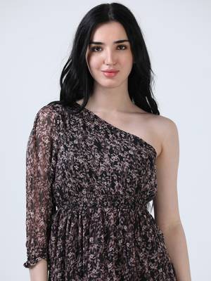 Black one shoulder floral print dress 5