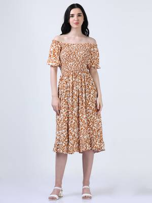 Mustard puff sleeve floral print dress 1