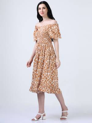 Mustard puff sleeve floral print dress 2