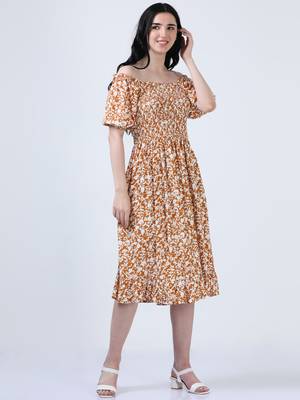 Mustard puff sleeve floral print dress 3