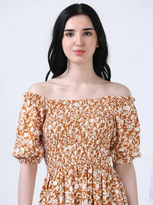 Mustard puff sleeve floral print dress 5