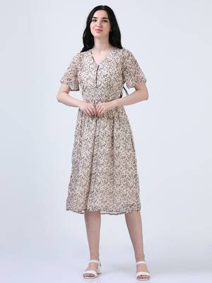 Peach puff sleeve floral print dress 1