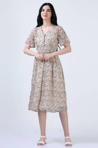 Peach puff sleeve floral print dress