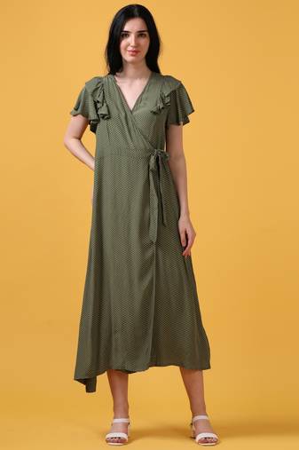 Olive polka dot flared sleeve a-line dress