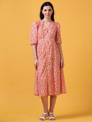 White puff sleeve floral abstract print dress 1