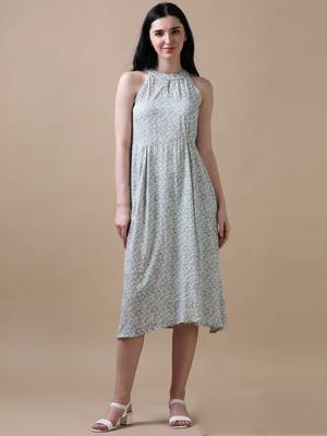 Blue sleeveless floral print flared dress 1