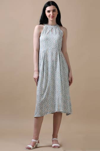 Blue sleeveless floral print flared dress