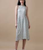 Blue sleeveless floral print flared dress