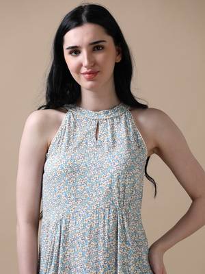 Blue sleeveless floral print flared dress 5