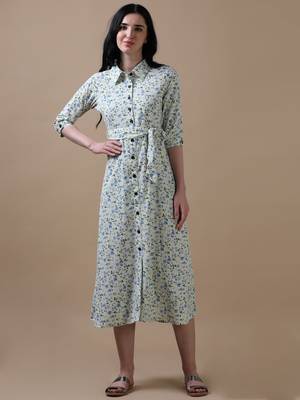 Cream 3/4th regular sleeve floral print a-line dress 1